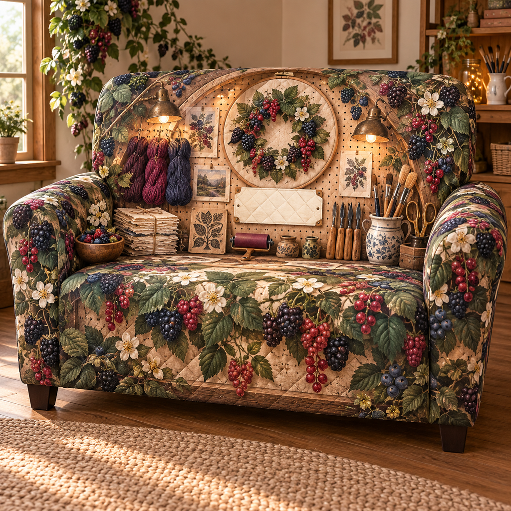 One sofa cover with an arched craft pegboard alcove, berry-dyed yarn, a berry-wreath embroidery hoop, printmaking brayer, carving tools, brushes, brass scissors, handmade paper, blackberry, raspberry, blueberry and red-currant brambles, amber lights and a blank ivory studio plaque.