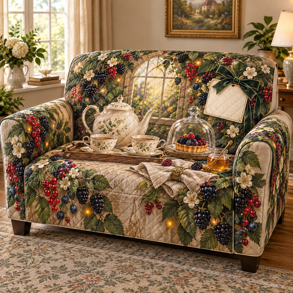 One sofa cover with a softly glowing arched garden window, ivory teapot and two cups on a walnut tray, berry tart under a glass cloche, folded linen napkin, honey jar, blackberry, raspberry, blueberry and red-currant brambles, amber fireflies and a blank ivory plaque.