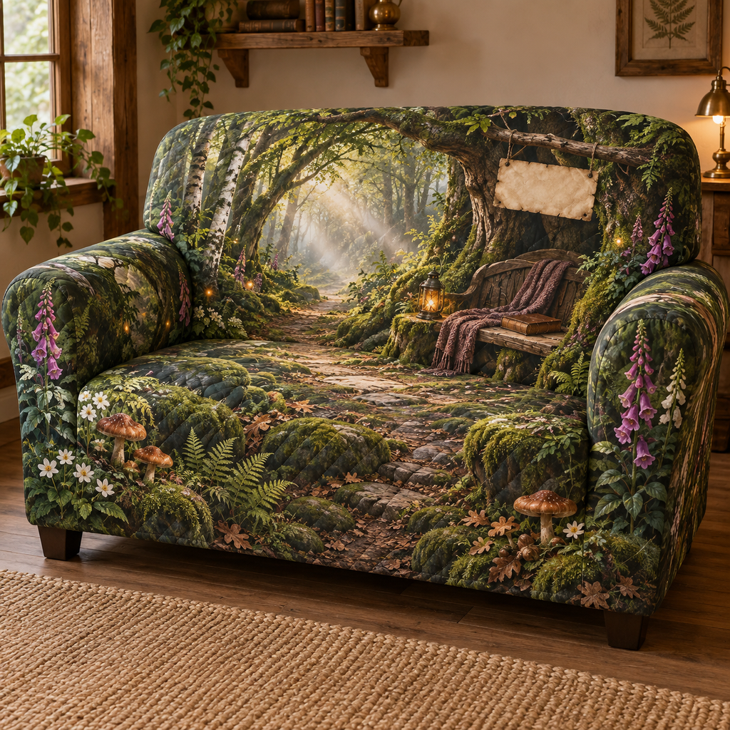 One sofa cover with a mossy woodland trail beneath arched beech and birch trees, a carved reading bench, closed leather-bound book, folded wool throw, antique brass lantern, ferns, mushrooms, foxgloves, acorns, mist, golden sunbeams, amber fireflies and a blank parchment plaque.