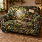 One sofa cover with a mossy woodland trail beneath arched beech and birch trees, a carved reading bench, closed leather-bound book, folded wool throw, antique brass lantern, ferns, mushrooms, foxgloves, acorns, mist, golden sunbeams, amber fireflies and a blank parchment plaque.