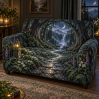 One sofa cover with a moonlit woodland avenue framed by towering cedar trunks and intertwined branches, a winding path toward a silver waterfall and misty mountain ridge, ferns, moss, white flowers, foxgloves, dew, an antique brass lantern, crescent moon, fireflies and a blank parchment plaque.