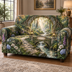 One sofa cover with a monumental moss-covered stone arch entwined with roots, a sweeping path crossing an arched stone bridge over a clear woodland stream, a radiant fern glade, hydrangea, anemones, foxgloves, golden light, two antique brass lanterns and a blank parchment plaque.