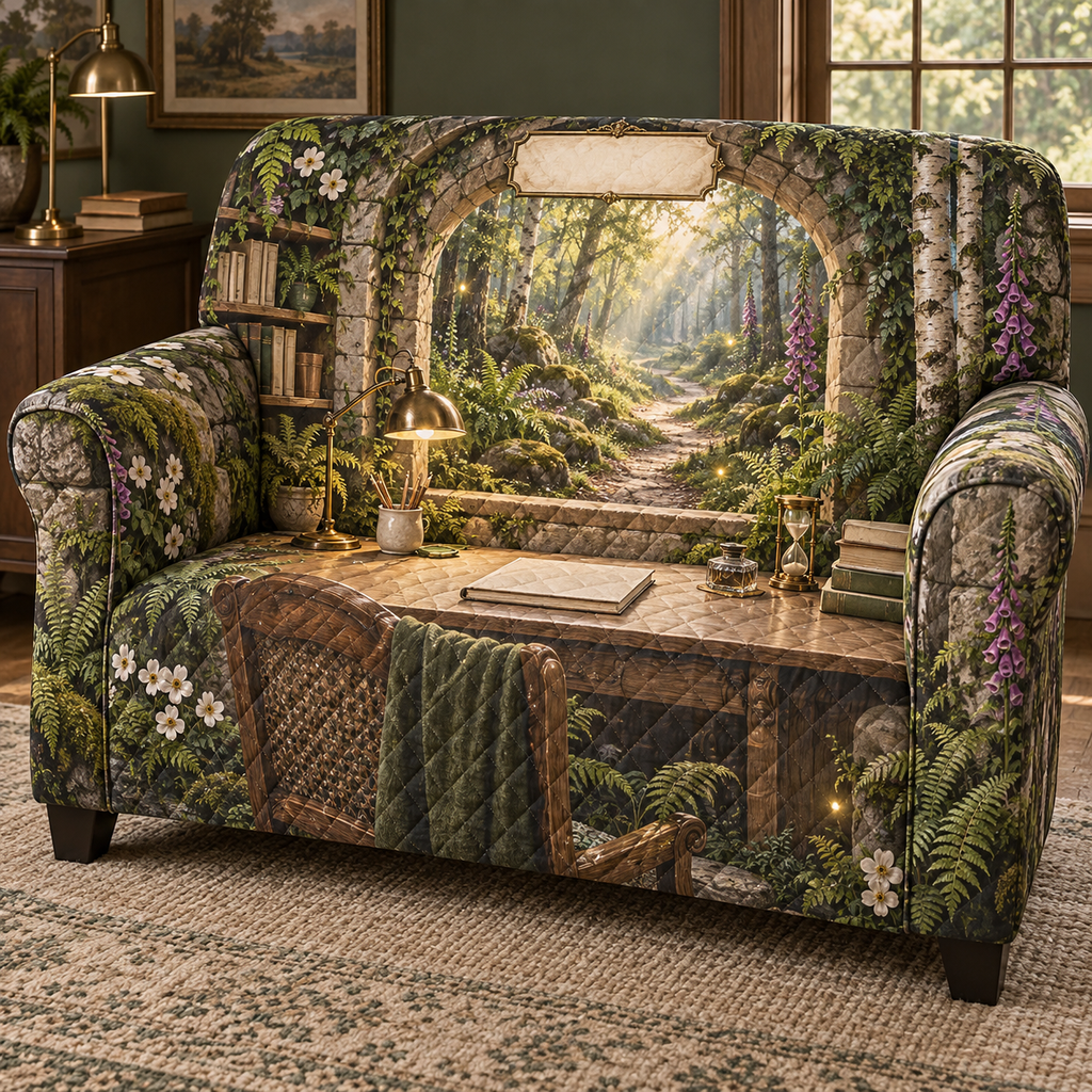 One sofa cover with a woodland study pavilion inside a mossy stone arch, a pale-oak writing desk, antique brass lamp, fern, blank books, white anemones, purple foxgloves, golden sunbeams, soft mist, fireflies, a winding forest path and a blank parchment name plaque.