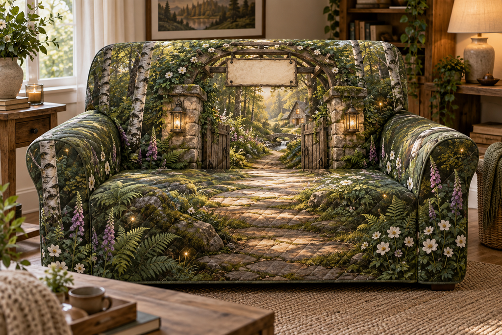 One sofa cover with a welcoming woodland cottage gate formed by mossy stone pillars and a timber pergola, a winding sunlit forest path leading toward a warm distant home, ferns, birch trees, white anemones, violet foxgloves, amber fireflies, two brass lanterns and a blank parchment name plaque.