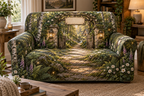 One sofa cover with a welcoming woodland cottage gate formed by mossy stone pillars and a timber pergola, a winding sunlit forest path leading toward a warm distant home, ferns, birch trees, white anemones, violet foxgloves, amber fireflies, two brass lanterns and a blank parchment name plaque.