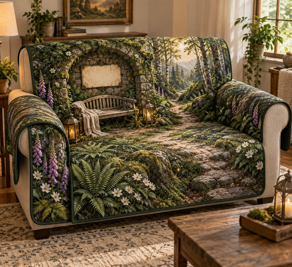 One sofa cover with a secluded woodland resting alcove framed by a mossy stone arch, a pale-oak bench with a folded linen throw, a winding path between birch trees, layered ferns, mossy boulders, white anemones, violet foxgloves, two brass lanterns, golden light and a blank parchment name plaque.