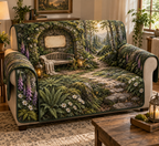 One sofa cover with a secluded woodland resting alcove framed by a mossy stone arch, a pale-oak bench with a folded linen throw, a winding path between birch trees, layered ferns, mossy boulders, white anemones, violet foxgloves, two brass lanterns, golden light and a blank parchment name plaque.