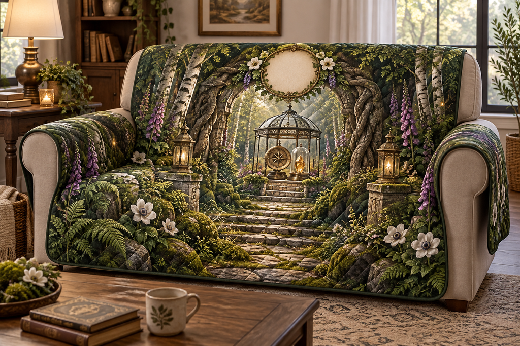 One sofa cover with a grand enchanted woodland path framed by an ornate mossy stone arch and sculptural roots, a glass garden pavilion displaying an antique brass compass and faceted amber keepsake beneath a cloche, birch trees, ferns, anemones, foxgloves, lanterns and a blank parchment medallion.