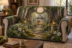 One sofa cover with a grand enchanted woodland path framed by an ornate mossy stone arch and sculptural roots, a glass garden pavilion displaying an antique brass compass and faceted amber keepsake beneath a cloche, birch trees, ferns, anemones, foxgloves, lanterns and a blank parchment medallion.
