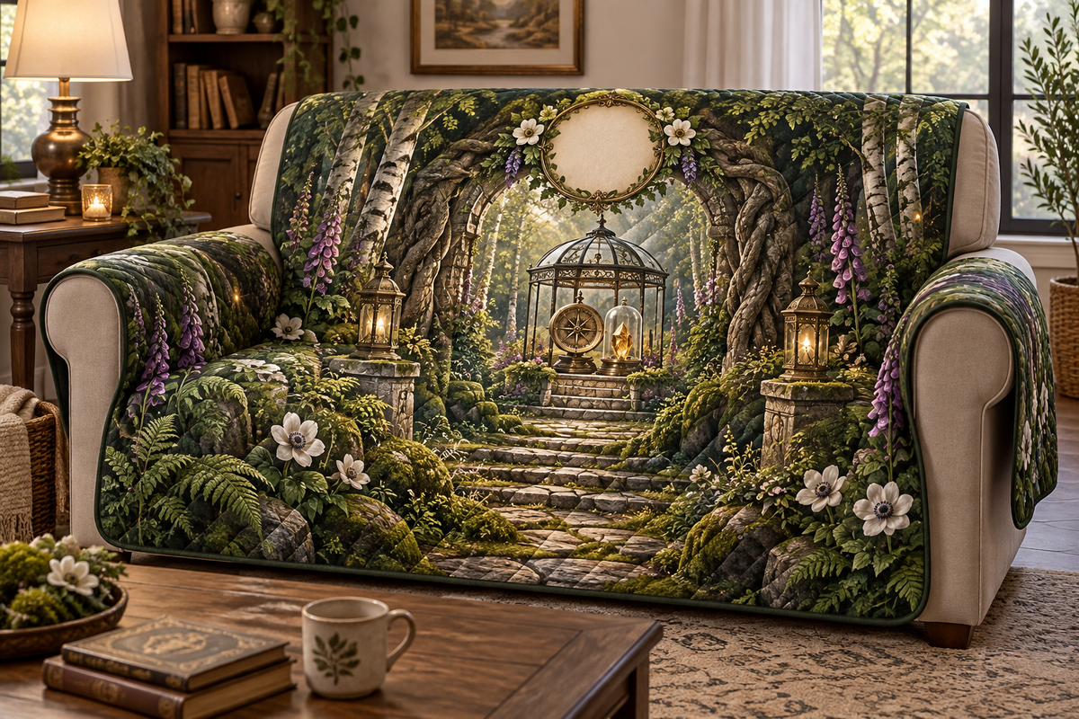 One sofa cover with a grand enchanted woodland path framed by an ornate mossy stone arch and sculptural roots, a glass garden pavilion displaying an antique brass compass and faceted amber keepsake beneath a cloche, birch trees, ferns, anemones, foxgloves, lanterns and a blank parchment medallion.