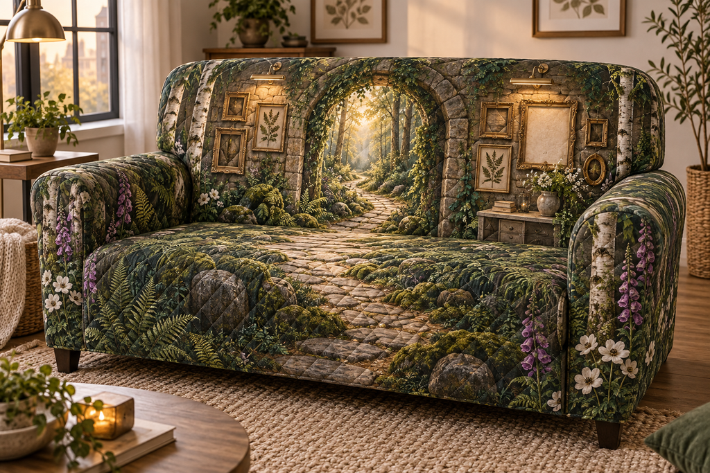One sofa cover with a winding sunlit forest path through a mossy stone gallery arcade, curated antique-gold botanical frames, pressed-flower shadow boxes, birch trees, ferns, anemones, foxgloves, a slim pale-oak console, brass picture lights and a blank parchment name plaque.