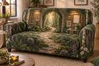 One sofa cover with a winding sunlit forest path through a mossy stone gallery arcade, curated antique-gold botanical frames, pressed-flower shadow boxes, birch trees, ferns, anemones, foxgloves, a slim pale-oak console, brass picture lights and a blank parchment name plaque.