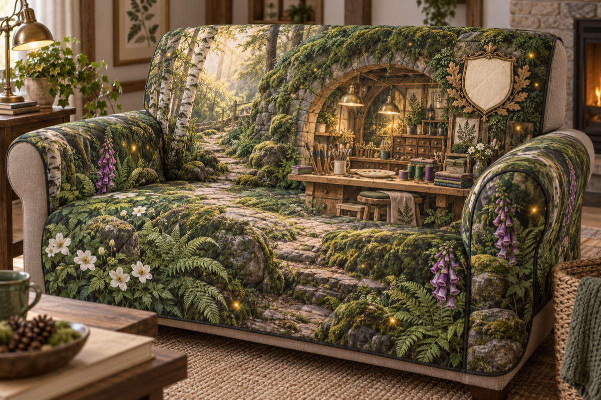 One sofa cover with a creative woodland studio pavilion built into a mossy stone arch beside a winding forest path, a pale-oak workbench, organized paintbrushes, thread spools, carving tools, folded fabric, specimen drawers, birch trees, ferns, anemones, foxgloves, brass task lamps and a blank parchment crest.