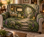 One sofa cover with a gracious woodland welcome pavilion beside a winding sunlit path, a mossy stone arch, birch trees, pale-oak console, covered cake stand, ceramic teapot and cups, white anemones, botanical gift box, ferns, foxgloves, brass lanterns and a blank parchment name plaque.