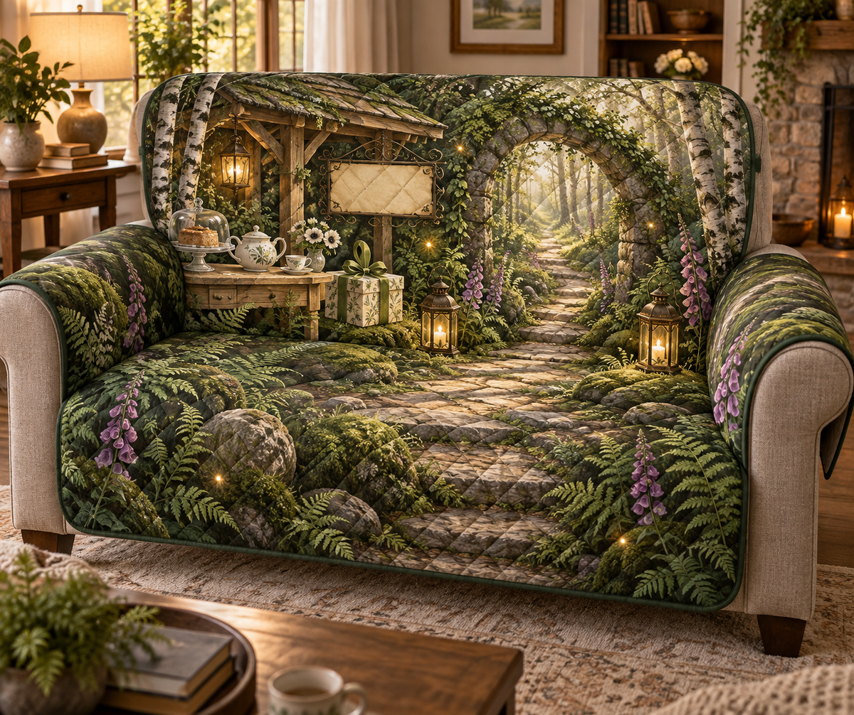 One sofa cover with a gracious woodland welcome pavilion beside a winding sunlit path, a mossy stone arch, birch trees, pale-oak console, covered cake stand, ceramic teapot and cups, white anemones, botanical gift box, ferns, foxgloves, brass lanterns and a blank parchment name plaque.