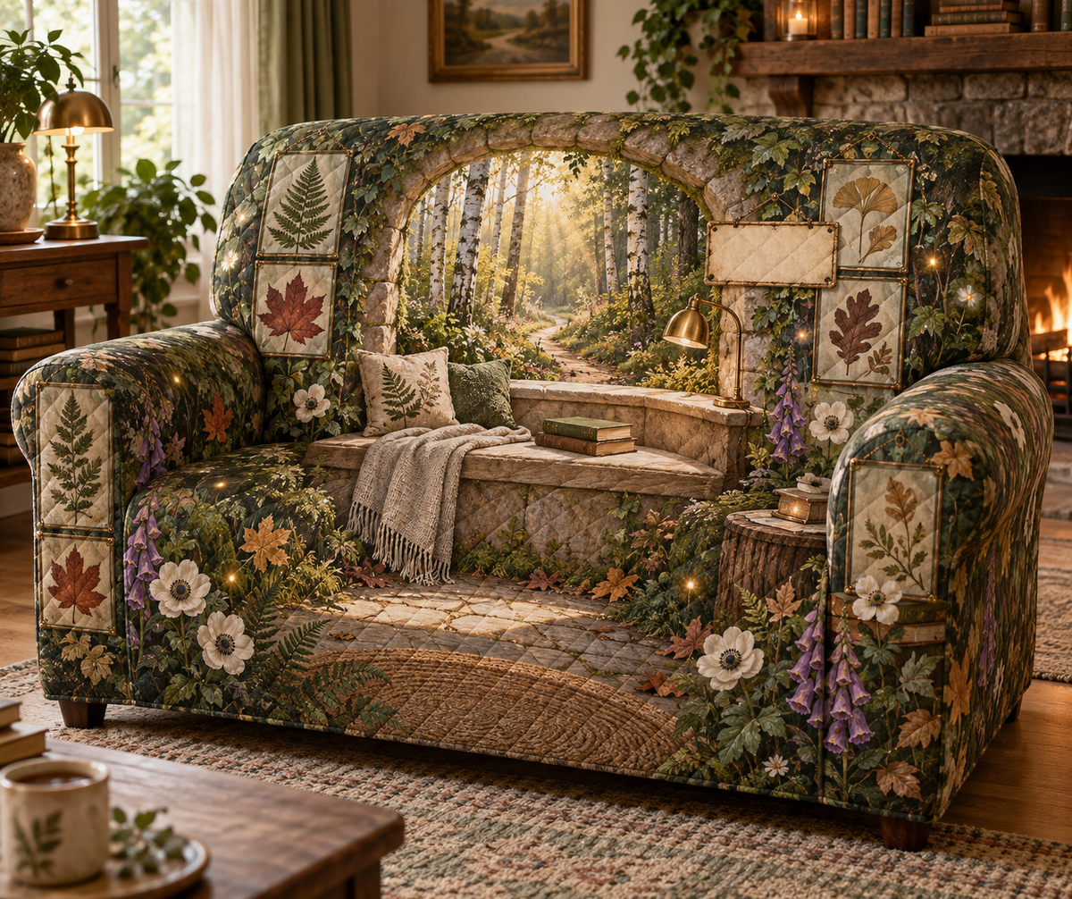 One sofa cover with a cozy woodland reading alcove, mossy stone arch, pale-oak window seat, closed blank-cover books, birch trees, winding path, pressed fern, maple, oak and ginkgo leaf panels, white anemones, violet foxgloves, brass reading lamp, amber fireflies and a blank parchment name plaque.