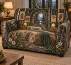 One sofa cover with a dramatic moonlit woodland bedroom, mossy stone arch, birch trunks, forest path, pressed fern, maple, oak and ginkgo leaves, white anemones, violet foxgloves, antique brass lamps, amber fireflies and a blank parchment name plaque.