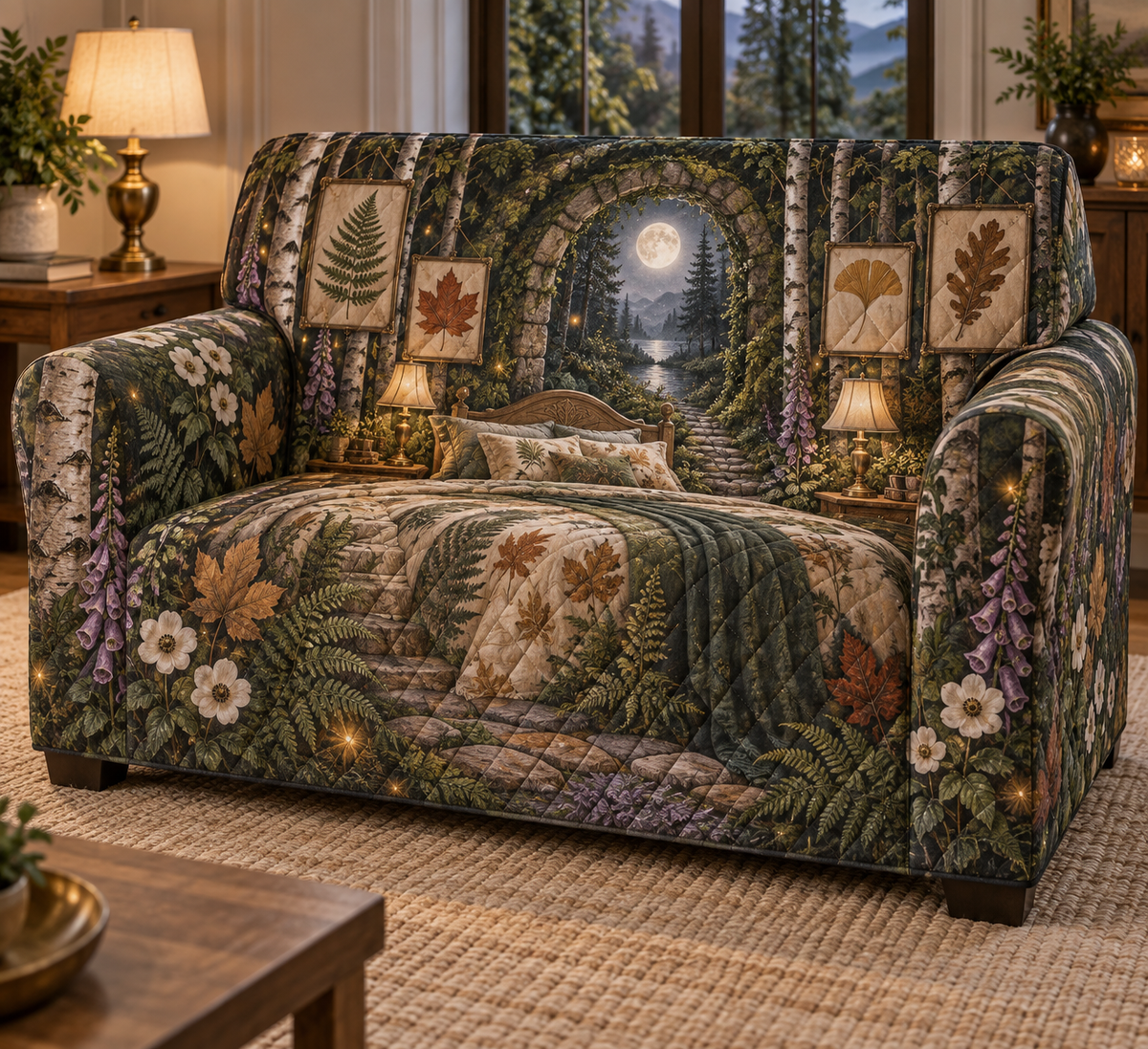 One sofa cover with a dramatic moonlit woodland bedroom, mossy stone arch, birch trunks, forest path, pressed fern, maple, oak and ginkgo leaves, white anemones, violet foxgloves, antique brass lamps, amber fireflies and a blank parchment name plaque.