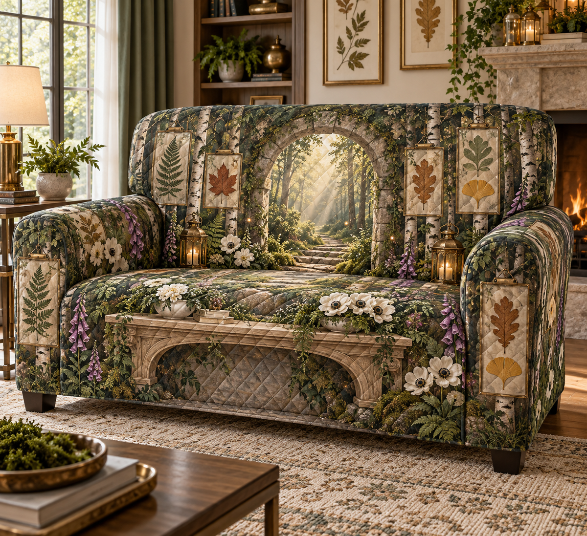 One sofa cover with a grand enchanted living room, mossy stone arch, birch trunks, luminous forest path, pressed fern, maple, oak and ginkgo leaves, white anemones, violet foxgloves, antique brass lanterns, amber fireflies and a blank parchment name plaque.