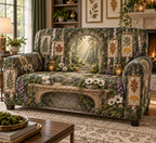 One sofa cover with a grand enchanted living room, mossy stone arch, birch trunks, luminous forest path, pressed fern, maple, oak and ginkgo leaves, white anemones, violet foxgloves, antique brass lanterns, amber fireflies and a blank parchment name plaque.