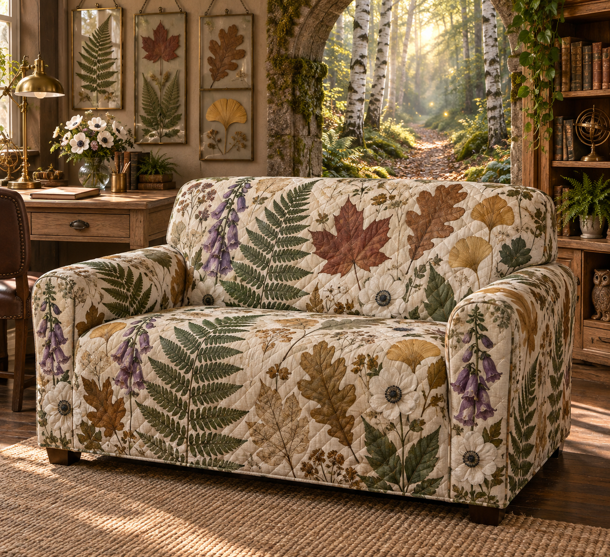 One sofa cover with an elegant woodland home office, mossy stone arch, birch trunks, pale-oak writing desk, brass desk lamp, luminous forest path, pressed fern, maple, oak and ginkgo leaves, white anemones, violet foxgloves and a blank parchment name plaque.