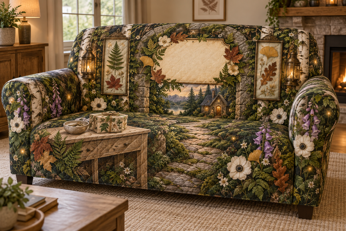 One sofa cover with a welcoming woodland cottage entry, mossy stone arch, birch trunks, pale-oak console, ceramic key bowl, tied botanical gift box, warm forest path, pressed fern, maple, oak and ginkgo leaves, brass lanterns and a blank parchment name plaque.