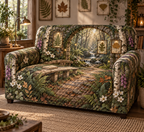One sofa cover with a serene woodland retreat, mossy stone arch, birch trunks, curved pale-oak bench, folded linen throw, closed blank-cover book, gentle forest stream, pressed fern, maple, oak and ginkgo leaves, brass reading lamp and a blank parchment name plaque.