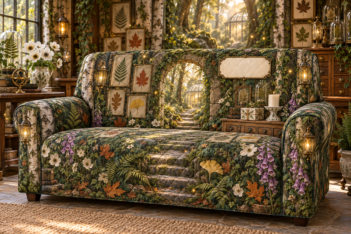 One sofa cover with a celebratory woodland conservatory, mossy stone arch, birch trunks, pale-oak specimen cabinet, wrapped botanical gift, unlit candle, glowing forest path, rare pressed fern, maple, oak and ginkgo leaves, brass lanterns and a blank parchment name plaque.