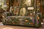 One sofa cover with a celebratory woodland conservatory, mossy stone arch, birch trunks, pale-oak specimen cabinet, wrapped botanical gift, unlit candle, glowing forest path, rare pressed fern, maple, oak and ginkgo leaves, brass lanterns and a blank parchment name plaque.