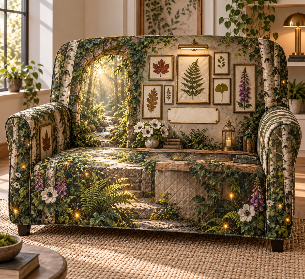 One sofa cover with a sophisticated compact apartment gallery, slim mossy stone arch, pale birch trunks, floating pale-oak shelf, luminous forest path, curated pressed fern, maple, oak and ginkgo leaves, brass picture lamp and a blank parchment name plaque.