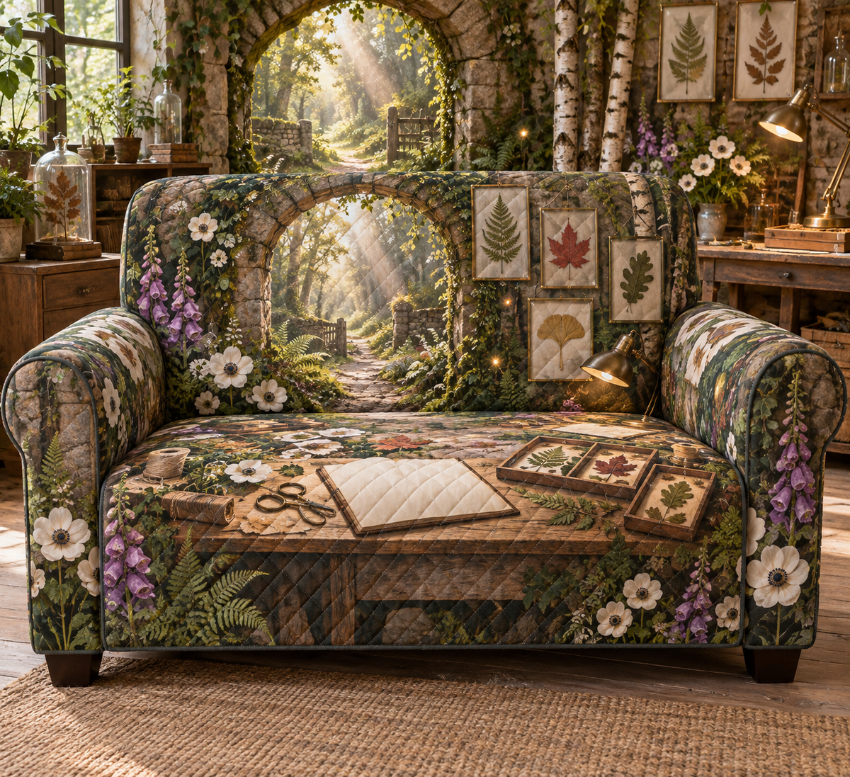 One sofa cover with a creative botanical hobby studio, mossy stone arch, pale-oak workbench, specimen trays, luminous forest path, layered pressed fern, maple, oak and ginkgo leaves, antique brass task lamp and a blank parchment name plaque.