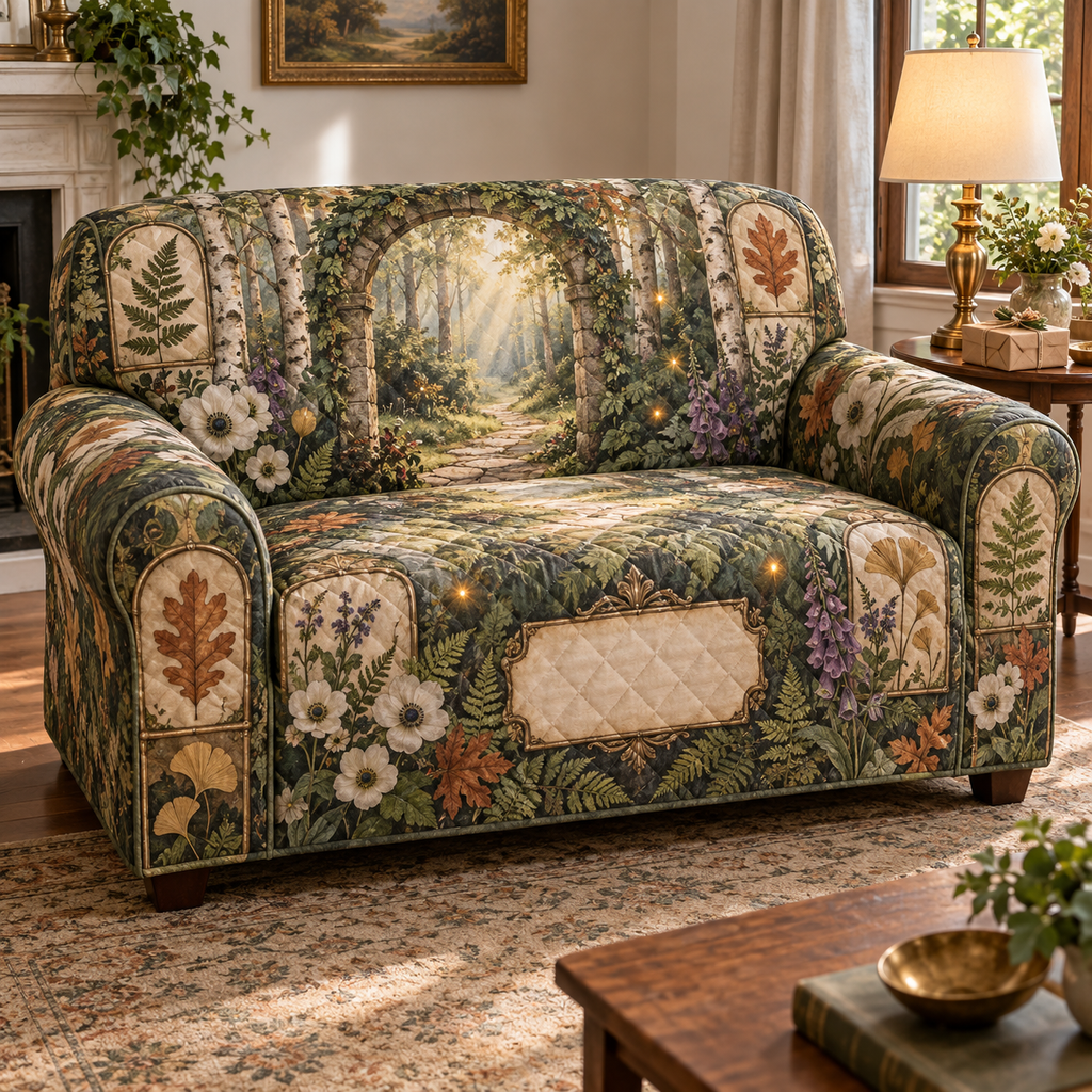 One sofa cover with a gracious woodland welcome, mossy stone arch, pale birch trunks, luminous forest path, pressed fern, maple, oak and ginkgo leaves, antique botanical glass panels and a blank parchment name plaque.