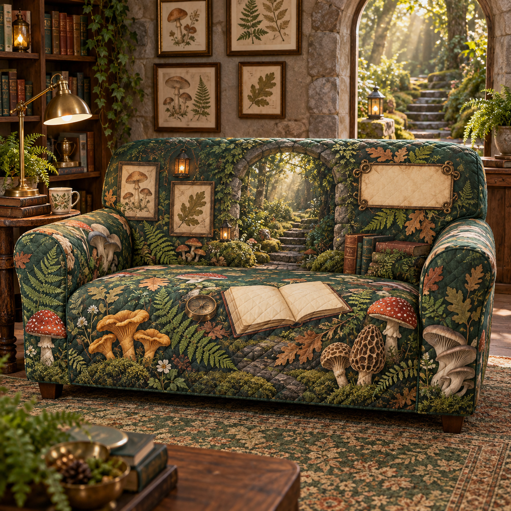 One sofa cover with a mossy stone reading alcove, luminous forest path, blank field journal, botanical specimen frames, chanterelle, fly agaric, morel and oyster mushrooms, fern, oak leaves, amber lanterns and a blank parchment name plaque.