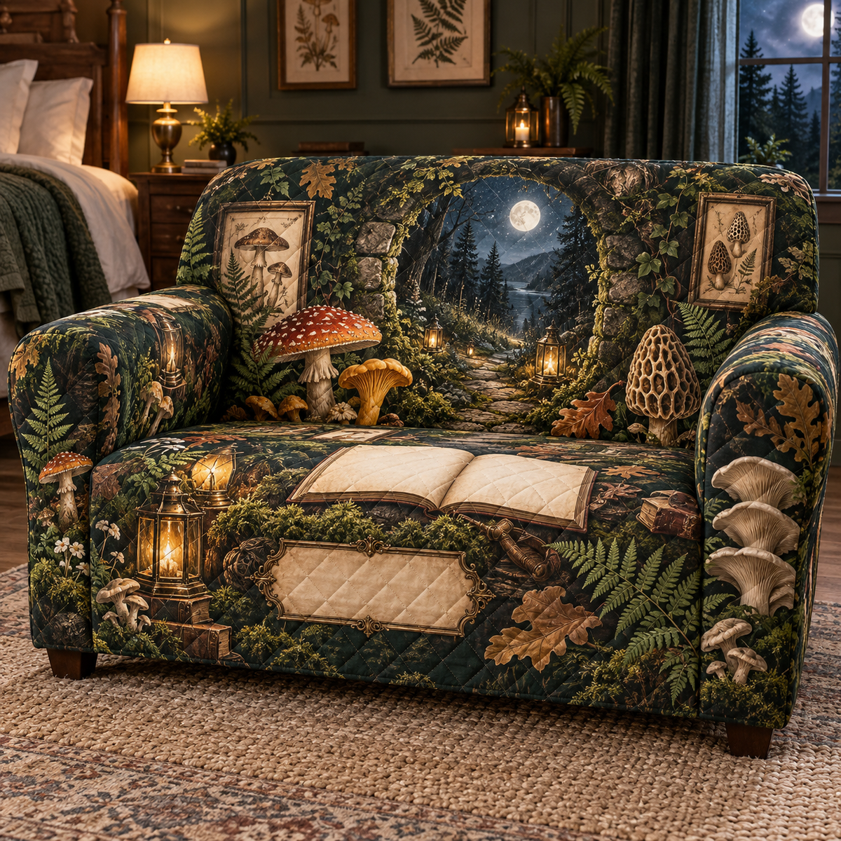 One sofa cover with a grand moss-covered stone arch, moonlit woodland path, blank field journal, botanical specimen frames, chanterelle, fly agaric, morel and oyster mushrooms, amber lanterns and a blank parchment name plaque.