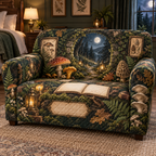 One sofa cover with a grand moss-covered stone arch, moonlit woodland path, blank field journal, botanical specimen frames, chanterelle, fly agaric, morel and oyster mushrooms, amber lanterns and a blank parchment name plaque.