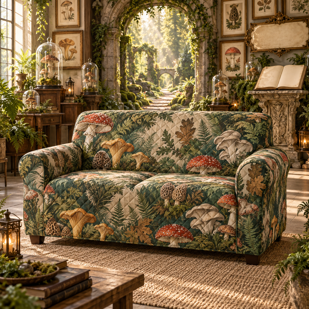 One sofa cover with a monumental mossy stone arch, luminous woodland path, blank field journal on a carved pedestal, botanical specimen frames, woodland mushrooms, glass cloches, amber lanterns and a blank parchment name plaque.