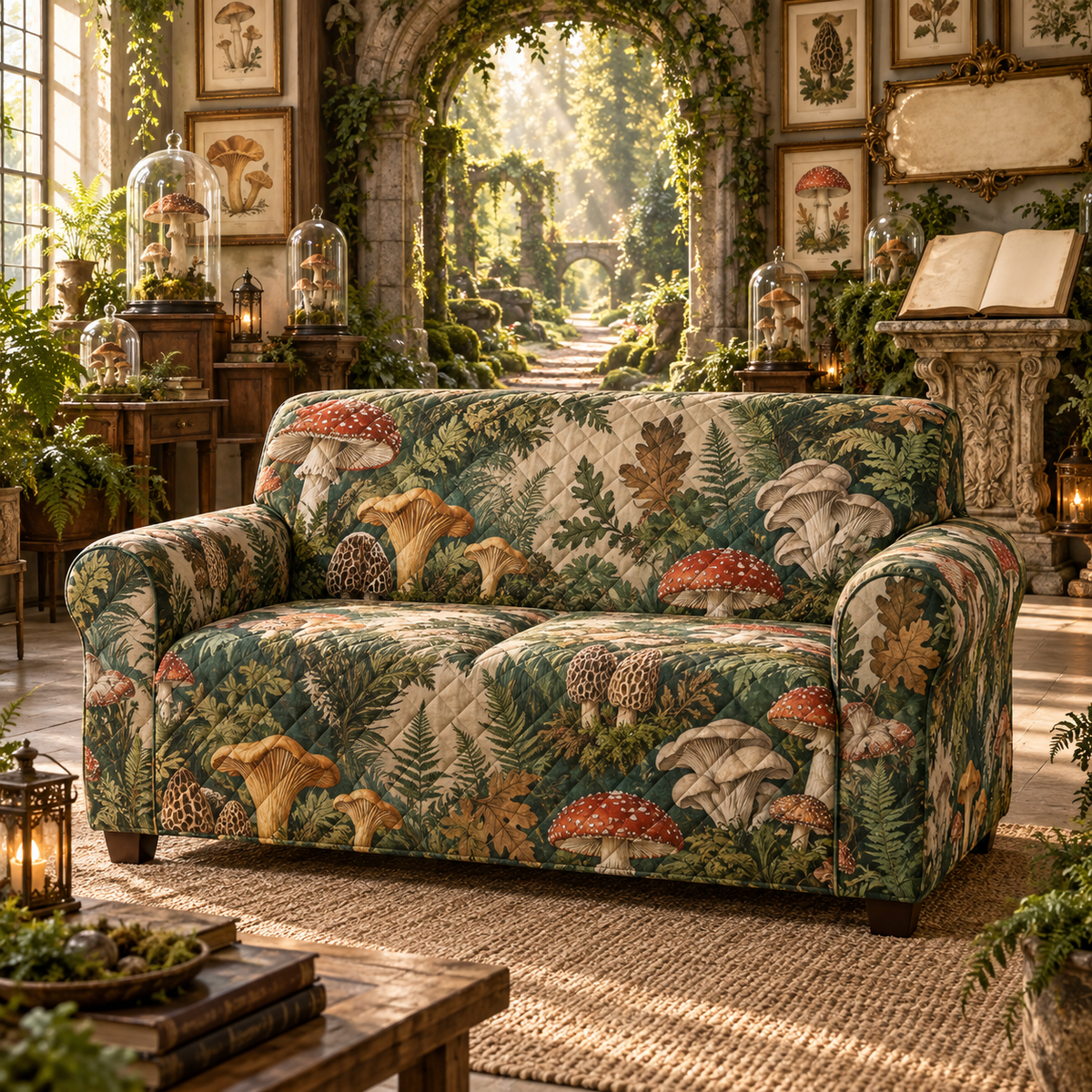 One sofa cover with a monumental mossy stone arch, luminous woodland path, blank field journal on a carved pedestal, botanical specimen frames, woodland mushrooms, glass cloches, amber lanterns and a blank parchment name plaque.