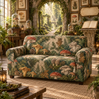 One sofa cover with a monumental mossy stone arch, luminous woodland path, blank field journal on a carved pedestal, botanical specimen frames, woodland mushrooms, glass cloches, amber lanterns and a blank parchment name plaque.