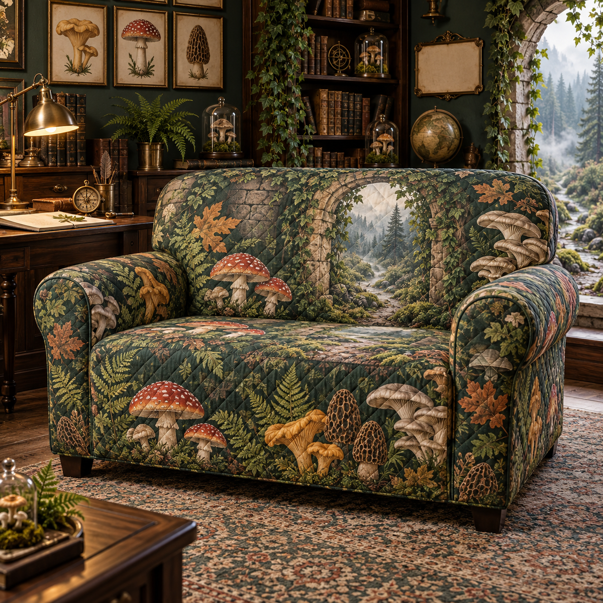 One sofa cover with an ivy-covered stone study arch, misty woodland trail, blank field journal, brass-framed mushroom specimen plates, woodland mushrooms, vintage compass, glass cloches and a blank parchment name plaque.