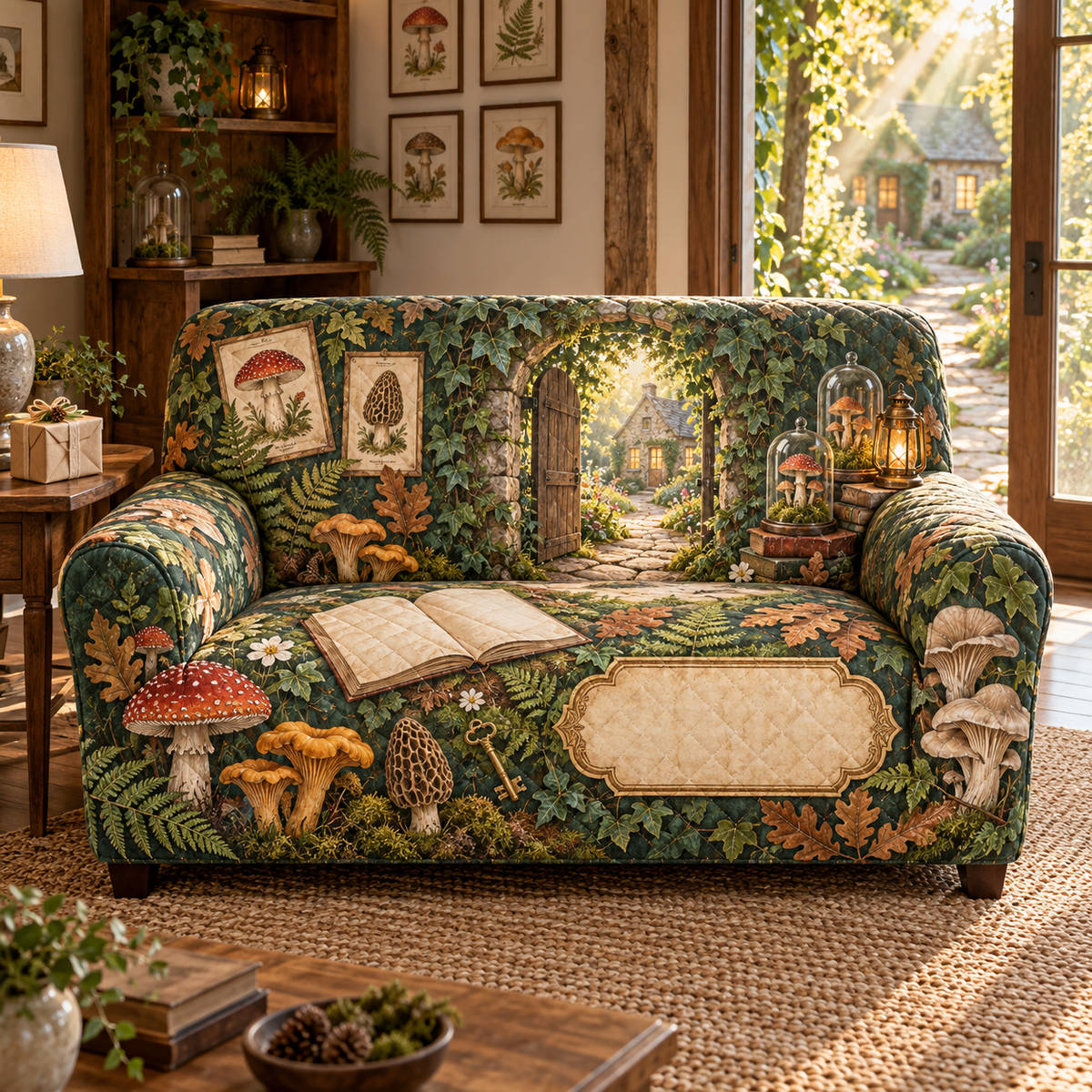 One sofa cover with an ivy-covered stone doorway, sunlit forest cottage path, blank field journal, mushroom specimen frames, woodland mushrooms, brass house key, glass cloches, amber lanterns and a blank parchment name plaque.