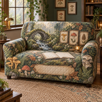 One sofa cover with a tranquil mossy stone arch, gentle stream, blank field journal, small mushroom specimen frames, woodland mushrooms, soft ferns, oak leaves, amber lantern and a blank parchment name plaque.