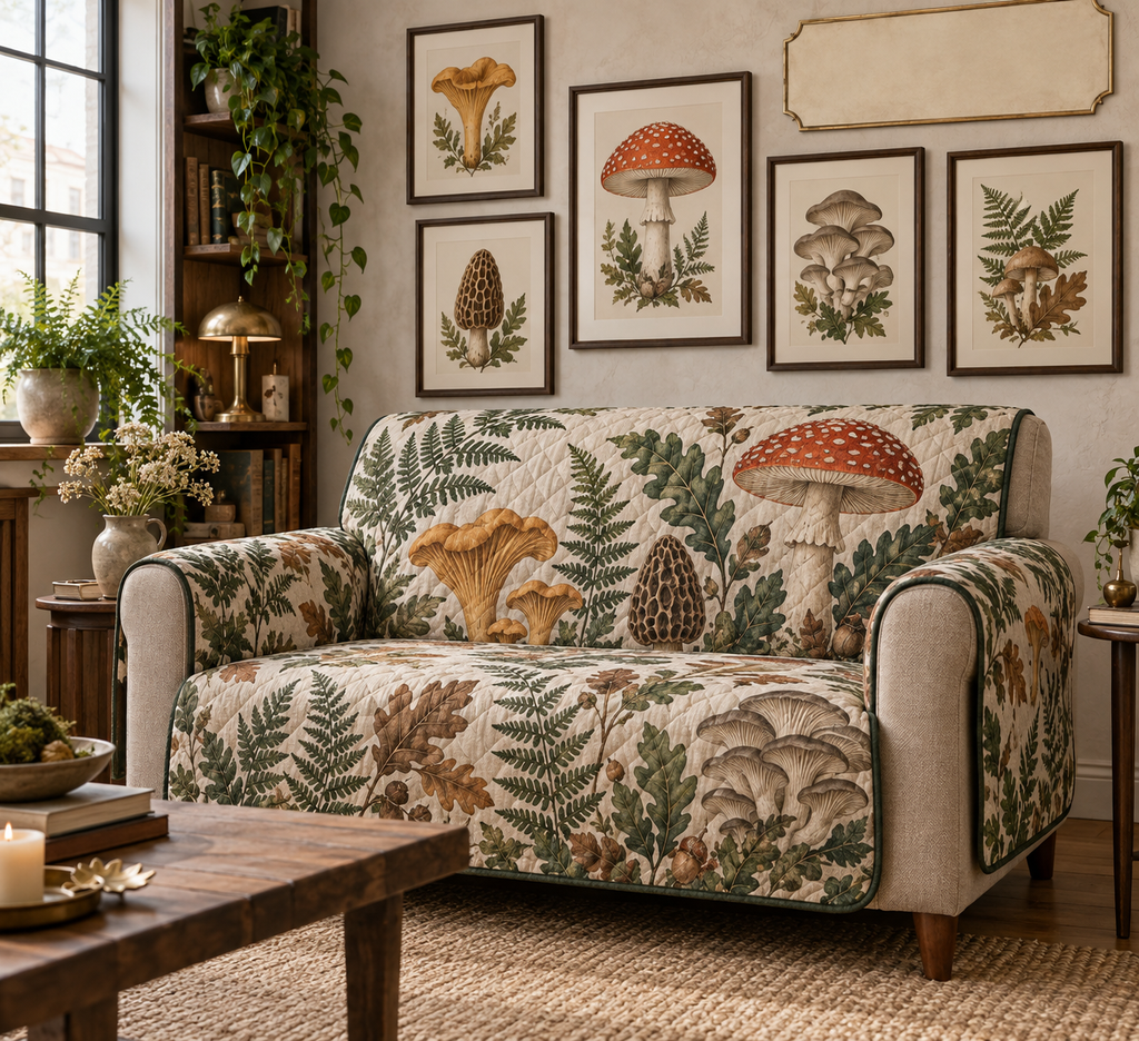 One sofa cover with a blank field journal, five framed mushroom studies, layered ferns, oak leaves and a blank parchment name plaque in a refined apartment gallery style.