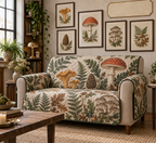 One sofa cover with a blank field journal, five framed mushroom studies, layered ferns, oak leaves and a blank parchment name plaque in a refined apartment gallery style.