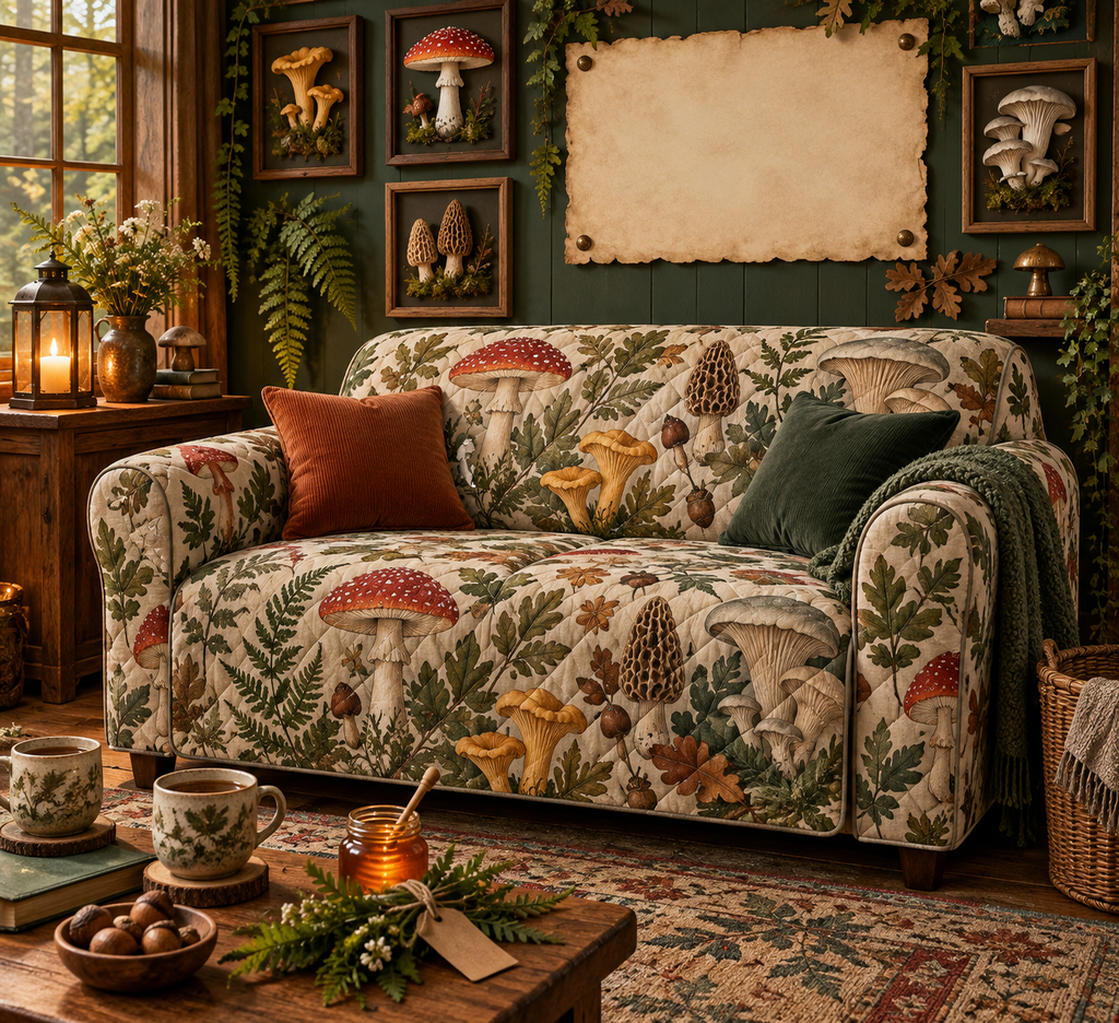 One sofa cover with a blank field journal, mushroom studies, woodland mushrooms, tea cups, honey jar, botanical gift sprig, amber lantern and blank parchment name plaque.
