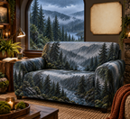 One sofa cover with a rain-speckled arched window overlooking a misty evergreen forest, cushioned reading bench, blank open book, steaming mug, knit throw, brass lamp and blank parchment name plaque.