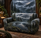 One sofa cover with a floor-to-ceiling rain-speckled arched window overlooking misty evergreen mountains and a dark reflective lake, ferns, warm brass lamp and blank parchment name plaque.