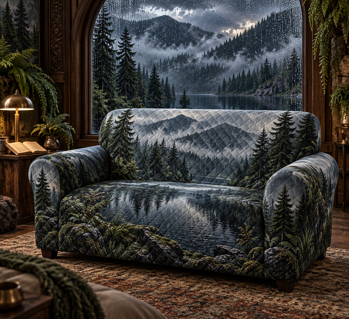 One sofa cover with a floor-to-ceiling rain-speckled arched window overlooking misty evergreen mountains and a dark reflective lake, ferns, warm brass lamp and blank parchment name plaque.