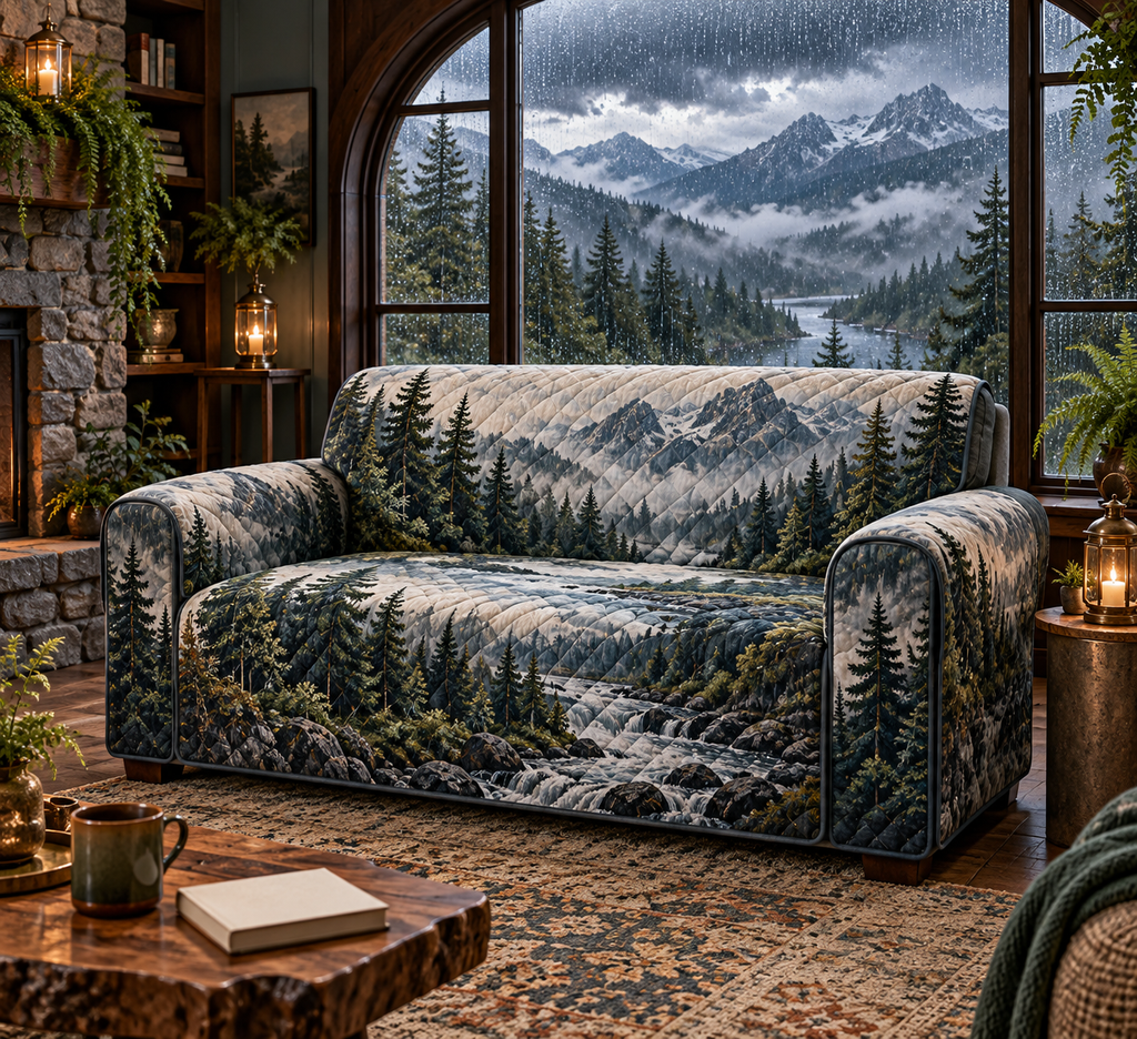 One sofa cover with a grand panoramic rain-speckled arched window overlooking a misty evergreen valley, silver river and distant mountains, brass lanterns and blank parchment name plaque.
