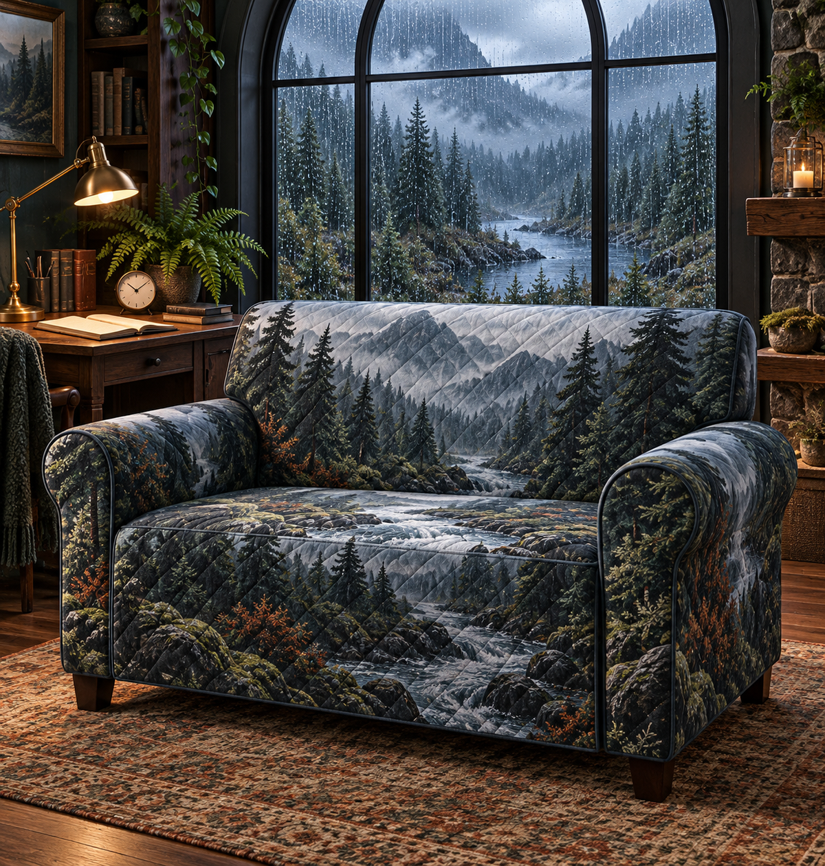 One sofa cover with a rain-covered arched window overlooking a misty pine forest and river, a walnut writing desk, blank notebook and parchment name plaque.