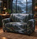 One sofa cover with a rain-covered arched window overlooking a misty pine forest and river, a walnut writing desk, blank notebook and parchment name plaque.